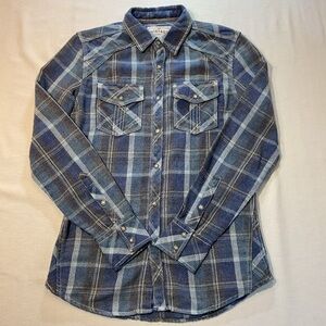 Buckle (BKE) Long Sleeve Button Up, Snaps Blue Gray Flannel Tailored Fit, Size S